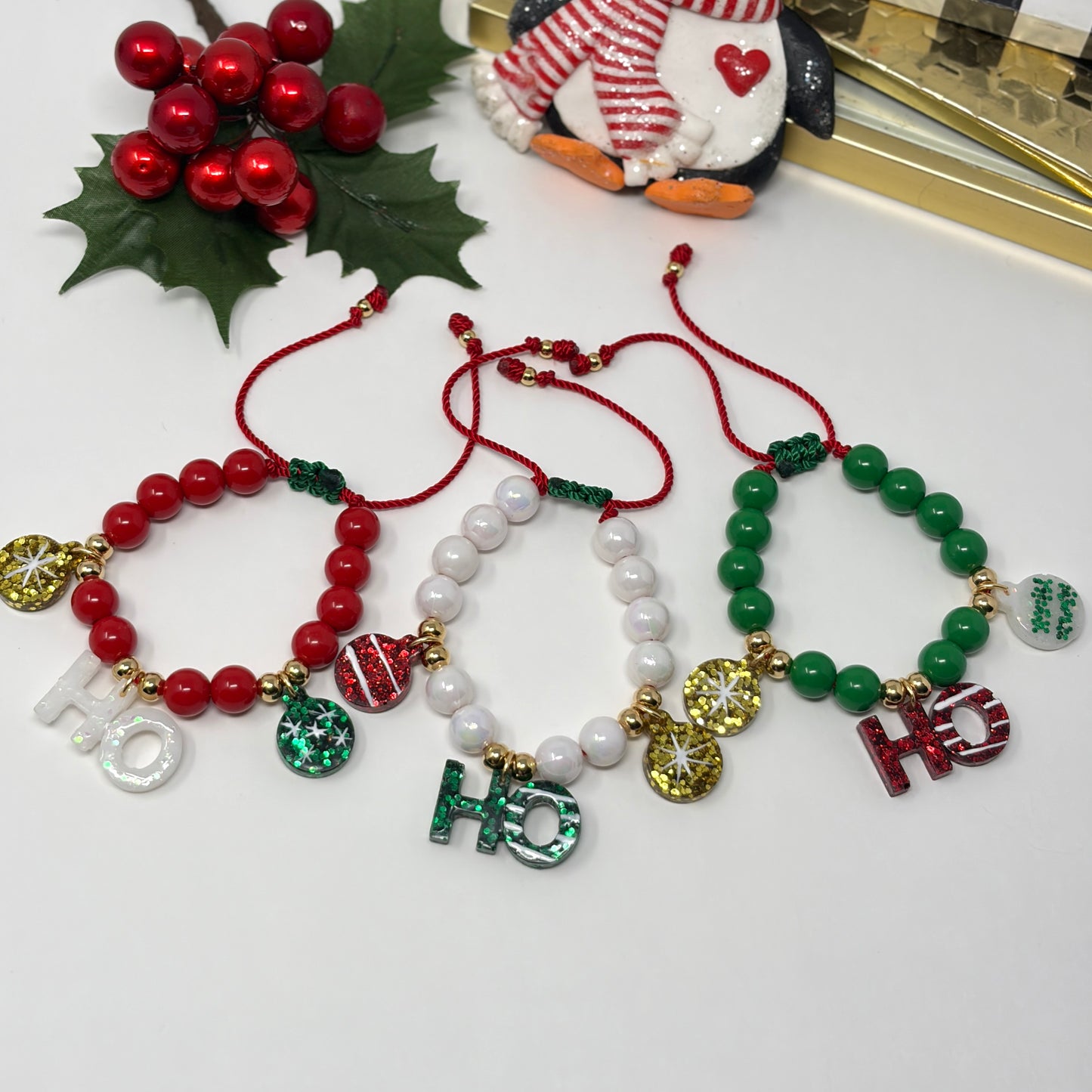 Christmas Matching Beaded Bracelet, Holiday Ho Ho Charm Bracelet