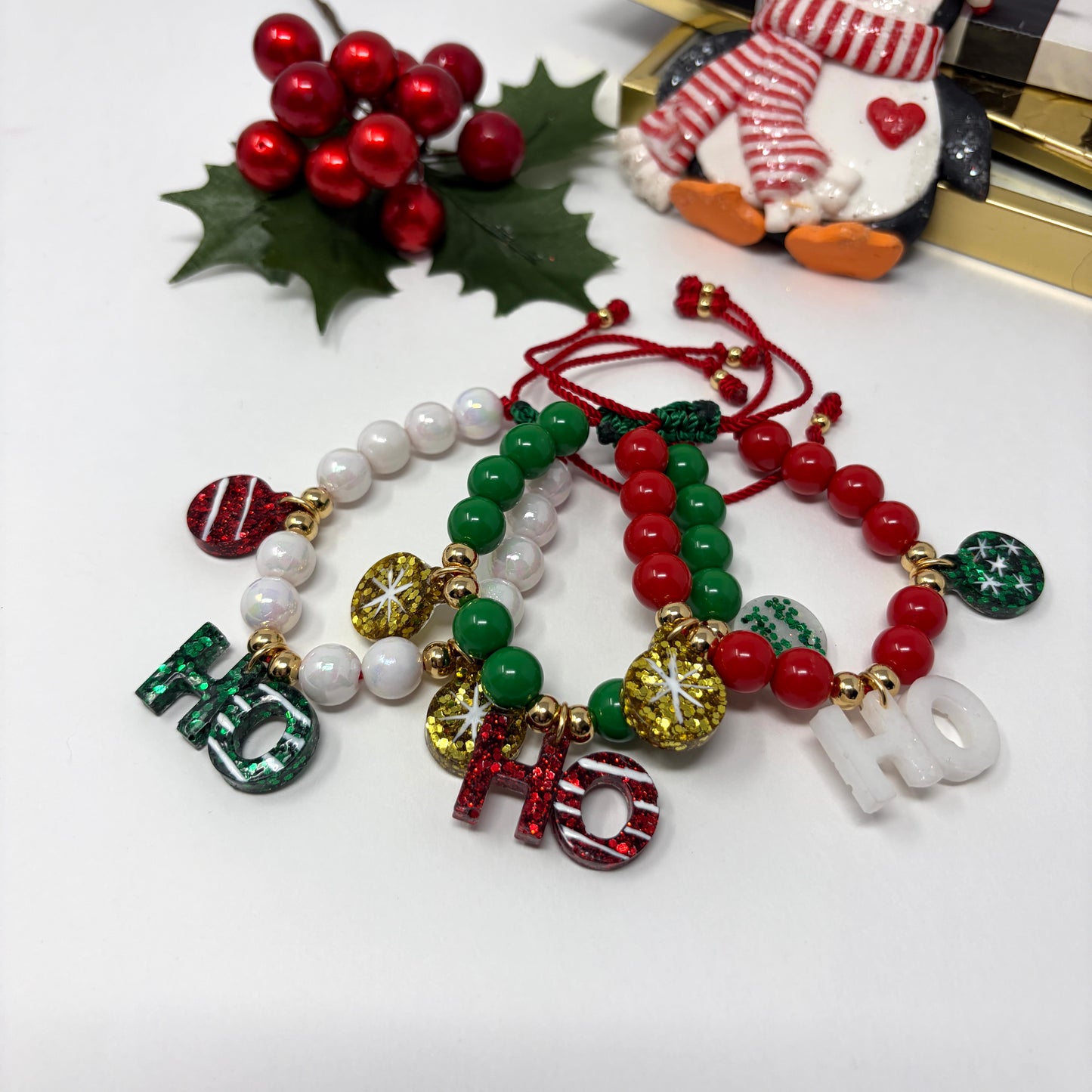 Christmas Matching Beaded Bracelet, Holiday Ho Ho Charm Bracelet