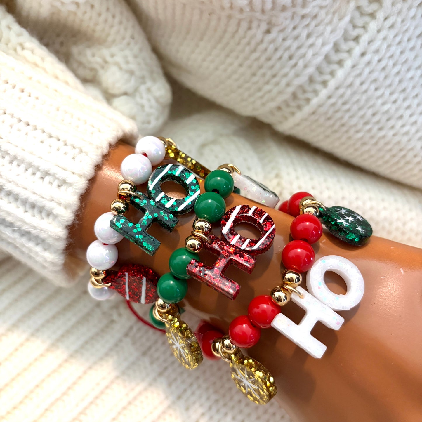 Christmas Matching Beaded Bracelet, Holiday Ho Ho Charm Bracelet