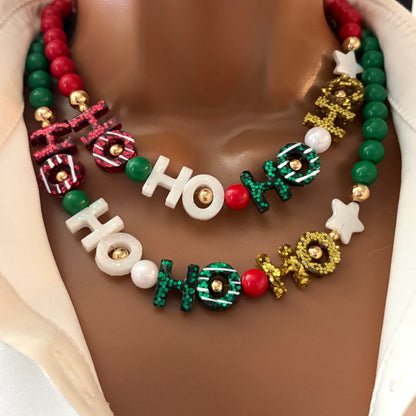 Christmas Chunky Charm Necklace, HO HO Beaded Necklace