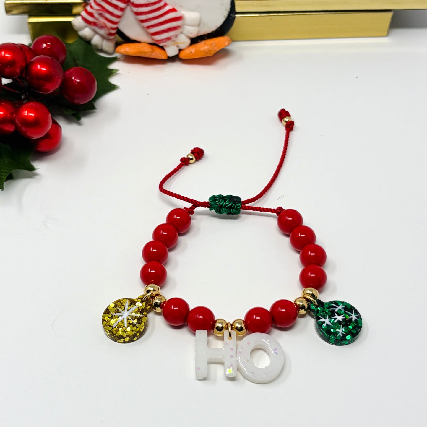 Christmas Matching Beaded Bracelet, Holiday Ho Ho Charm Bracelet