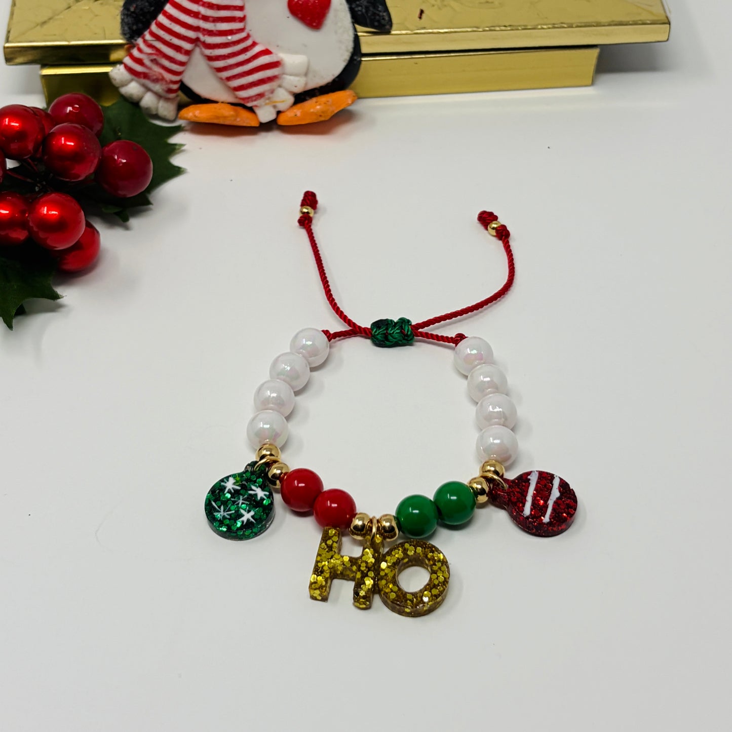 Christmas Matching Beaded Bracelet, Holiday Ho Ho Charm Bracelet