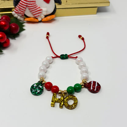 Christmas Matching Beaded Bracelet, Holiday Ho Ho Charm Bracelet