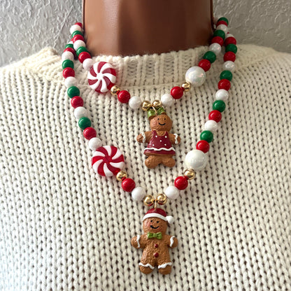Gingerbread Christmas Necklace, Chunky Charm Necklace, Beaded Necklace
