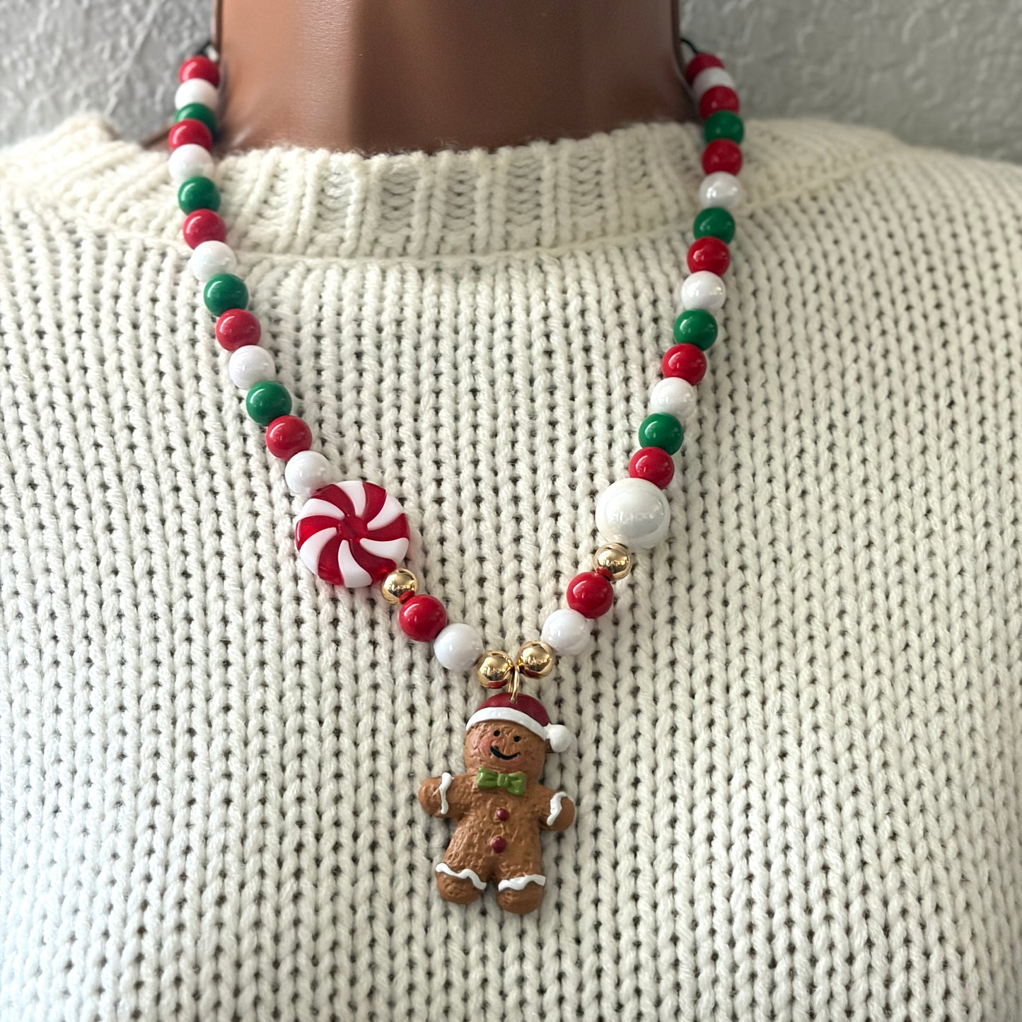 Gingerbread Christmas Necklace, Chunky Charm Necklace, Beaded Necklace