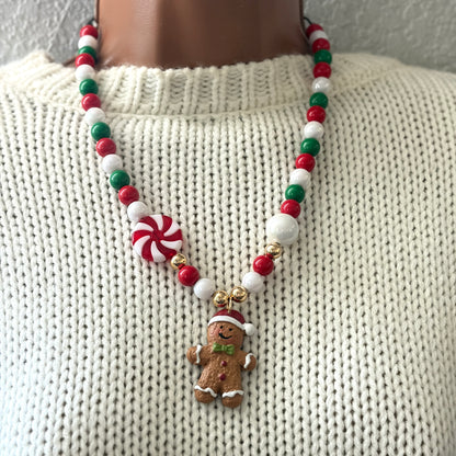 Gingerbread Christmas Necklace, Chunky Charm Necklace, Beaded Necklace