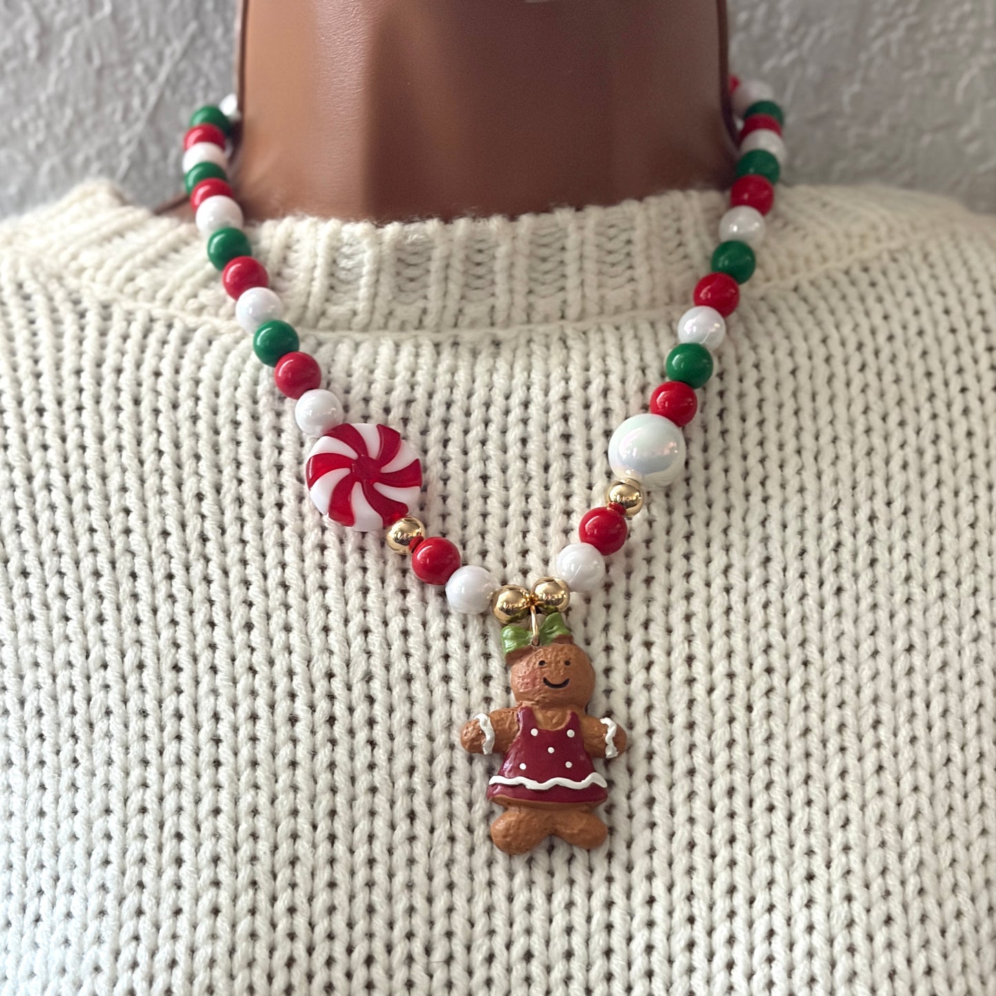 Gingerbread Christmas Necklace, Chunky Charm Necklace, Beaded Necklace