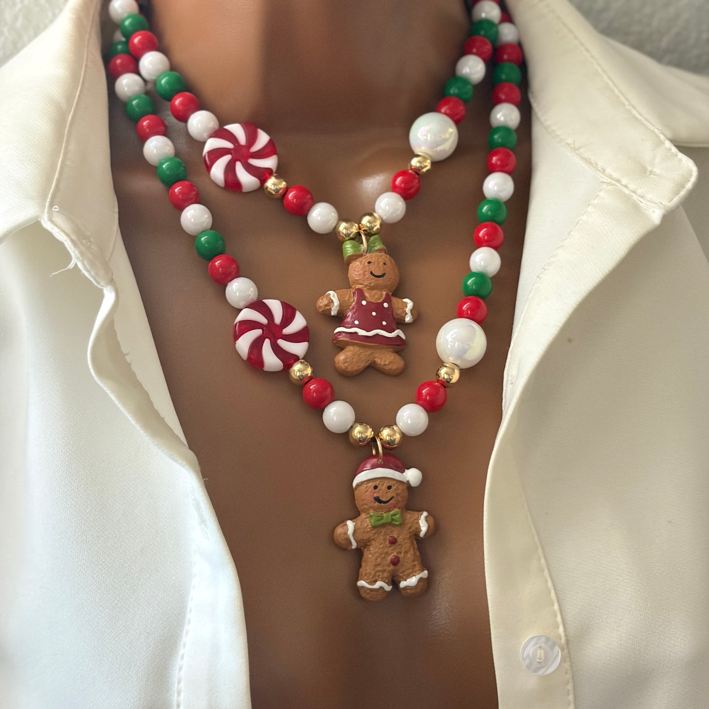 Gingerbread Christmas Necklace, Chunky Charm Necklace, Beaded Necklace