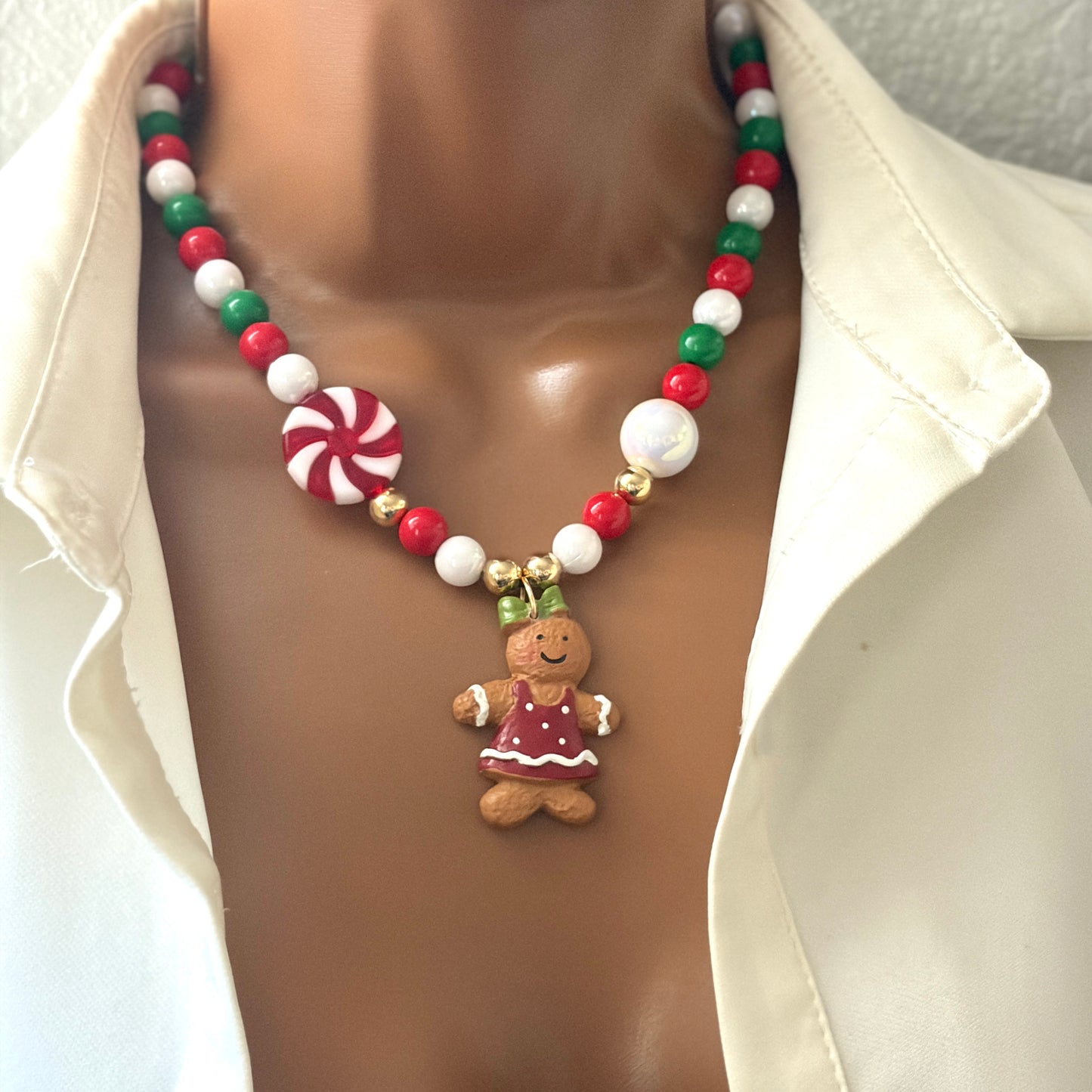 Gingerbread Christmas Necklace, Chunky Charm Necklace, Beaded Necklace