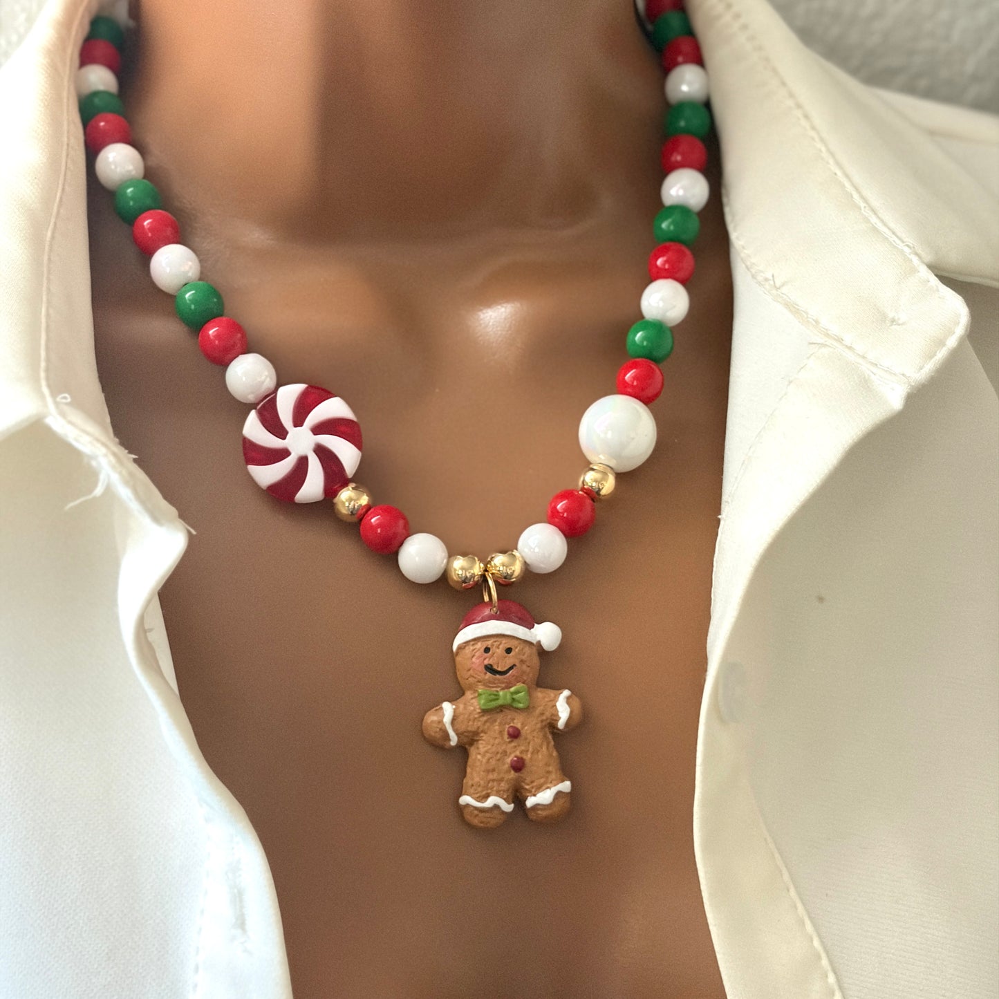 Gingerbread Christmas Necklace, Chunky Charm Necklace, Beaded Necklace