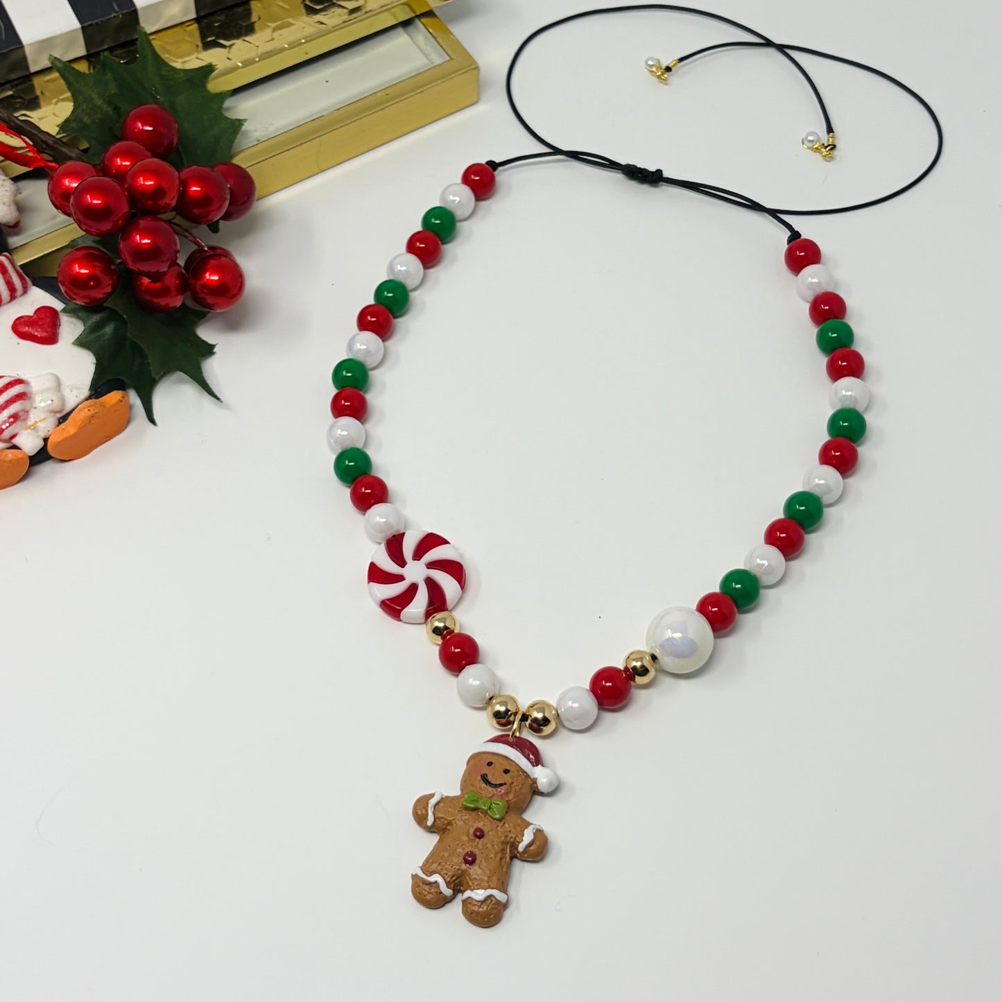 Gingerbread Christmas Necklace, Chunky Charm Necklace, Beaded Necklace
