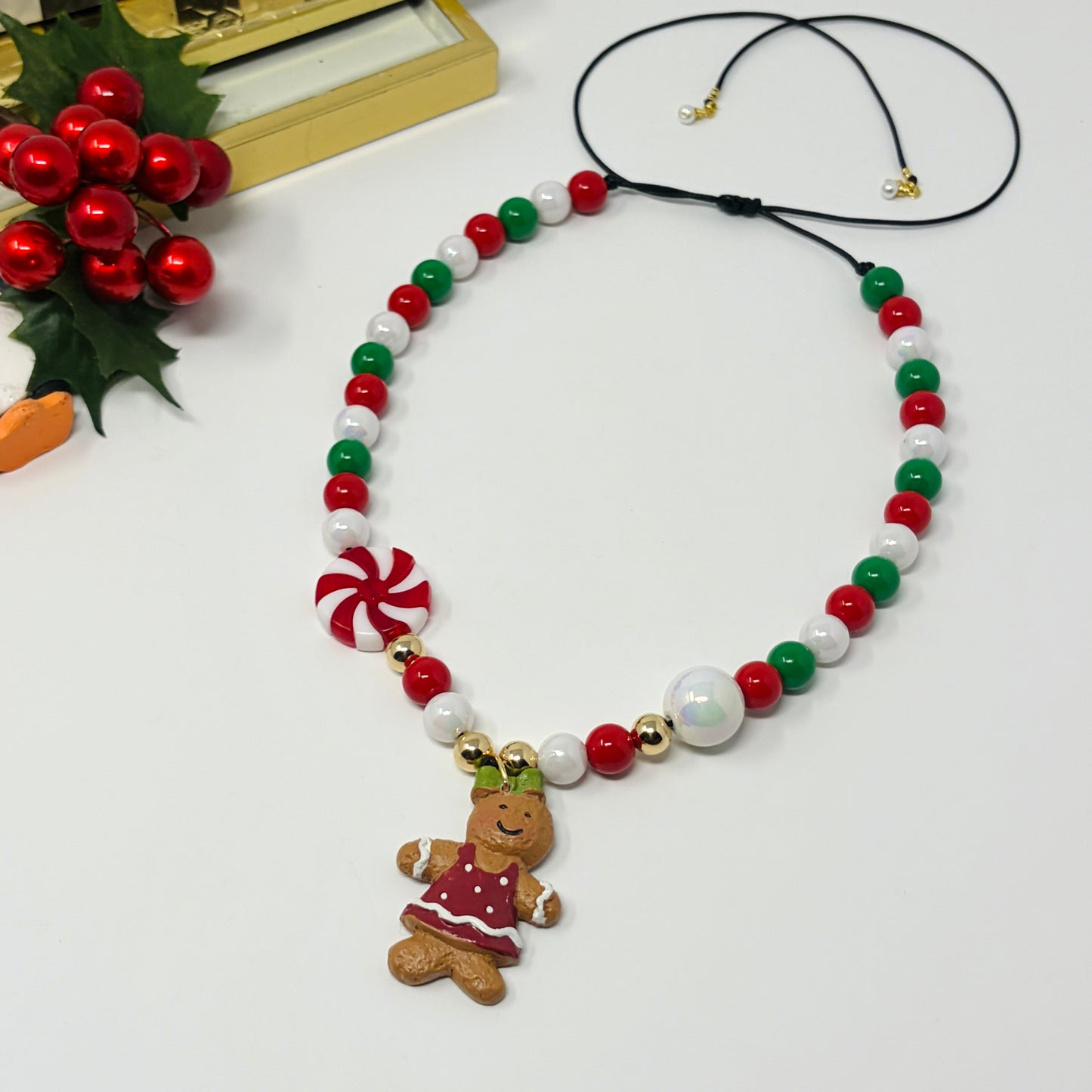 Gingerbread Christmas Necklace, Chunky Charm Necklace, Beaded Necklace