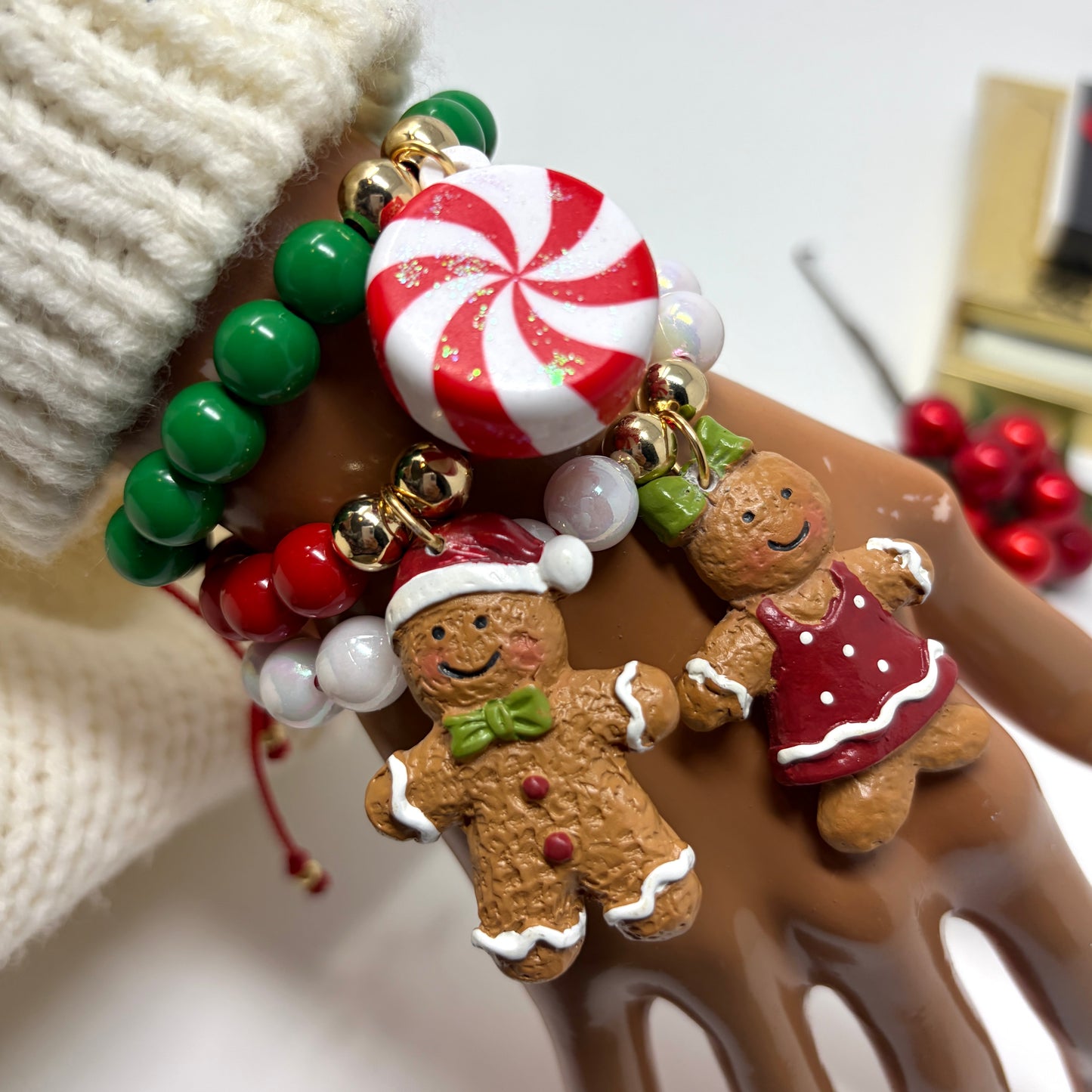Gingerbread Christmas Bracelet Set, Matching Beaded Bracelet, Holiday Ho Ho Charm Bracelet