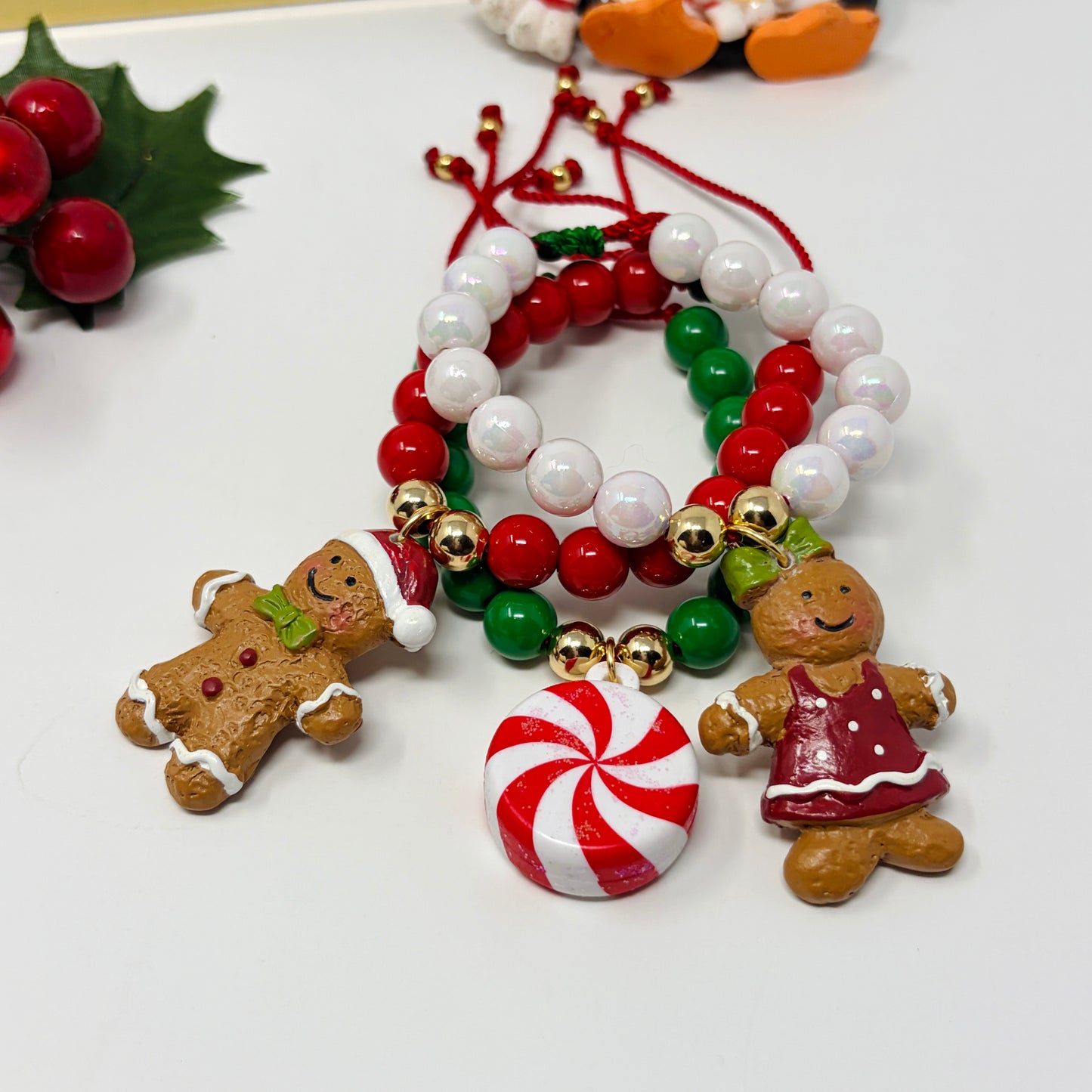 Gingerbread Christmas Bracelet Set, Matching Beaded Bracelet, Holiday Ho Ho Charm Bracelet