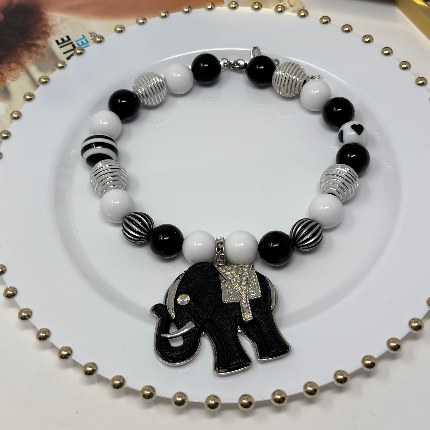 Handmade Beaded Necklace with Black Elephant Charm
