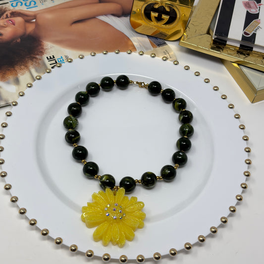 Green  Color Beaded Statement Necklace with Flower Resin Pendant | Handmade Bold Jewelry