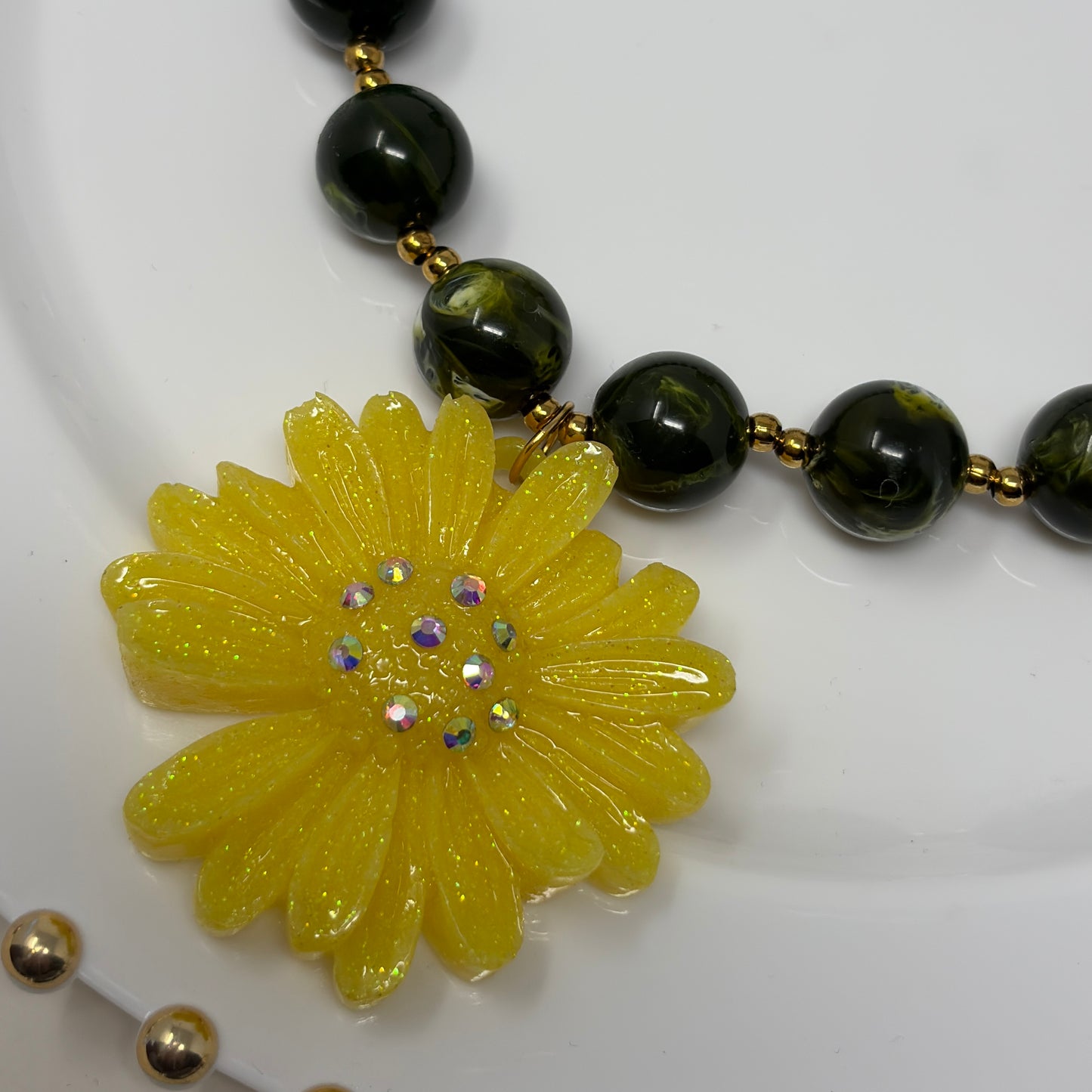 Green  Color Beaded Statement Necklace with Flower Resin Pendant | Handmade Bold Jewelry