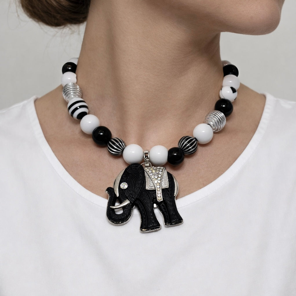 Handmade Beaded Necklace with Black Elephant Charm