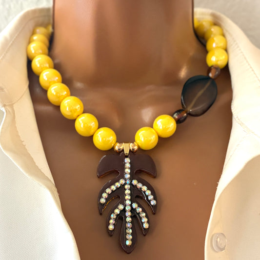 Yellow Acrylic Beaded Statement Necklace with Resin Pendant | Handmade Bold Jewelry