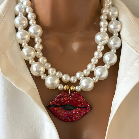 Handmade Adjustable Layered Pearl Necklace with Hand-Painted Red Lips Pendant | Statement Jewelry