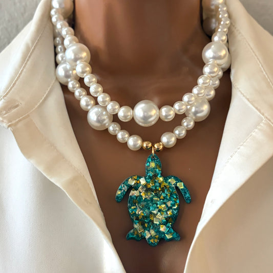 Handmade Adjustable Layered Pearl Necklace with Resin Turtle Pendant | Statement Jewelry