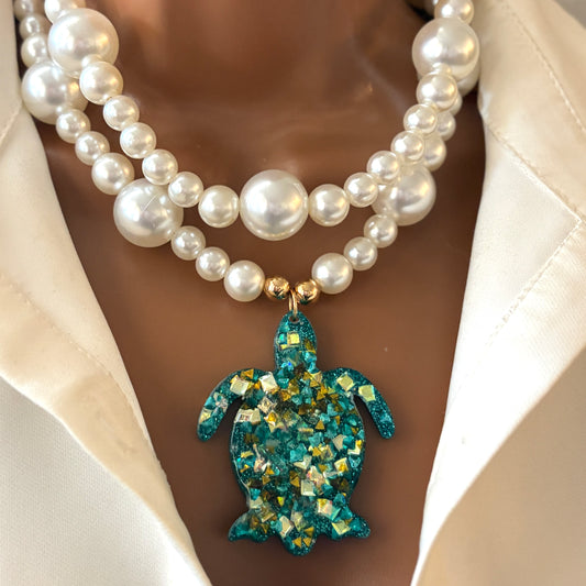 Handmade Adjustable Layered Pearl Necklace with Resin Turtle Pendant | Statement Jewelry