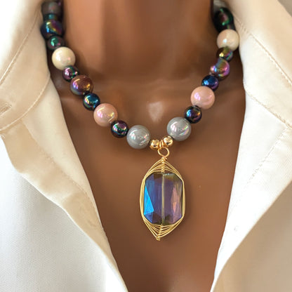Mixed Color Beaded Statement Necklace with Crystal Pendant | Handmade Bold Jewelry