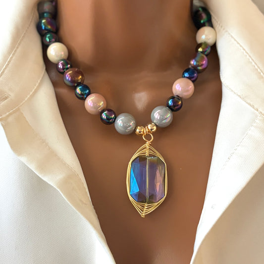 Mixed Color Beaded Statement Necklace with Crystal Pendant | Handmade Bold Jewelry