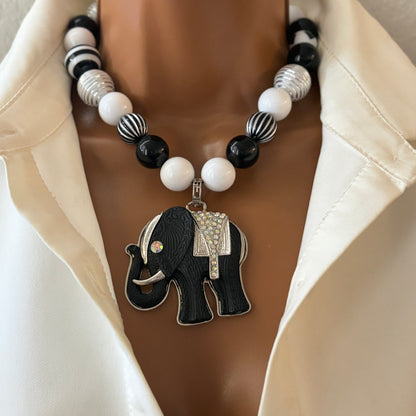 Handmade Beaded Necklace with Black Elephant Charm