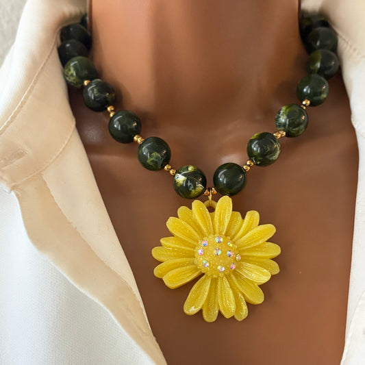 Green  Color Beaded Statement Necklace with Flower Resin Pendant | Handmade Bold Jewelry
