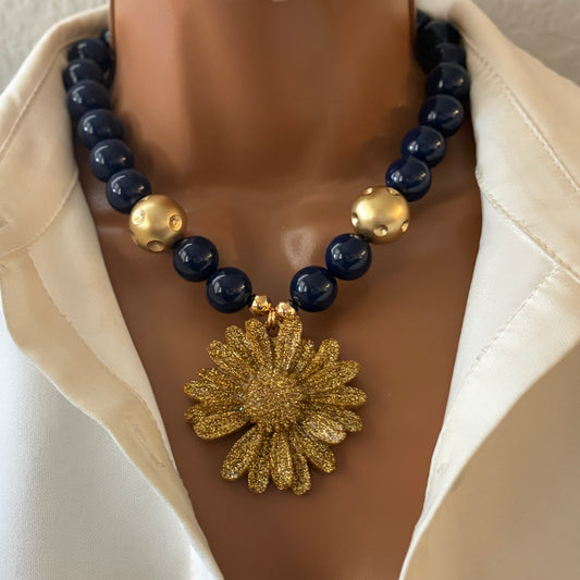 Handmade Dark Blue Beaded Statement Necklace with Flower Resin Pendant | Handmade Bold Jewelry