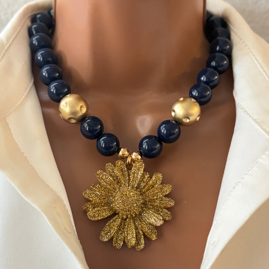 Handmade Dark Blue Beaded Statement Necklace with Flower Resin Pendant | Handmade Bold Jewelry
