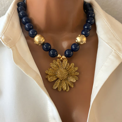Handmade Dark Blue Beaded Statement Necklace with Flower Resin Pendant | Handmade Bold Jewelry