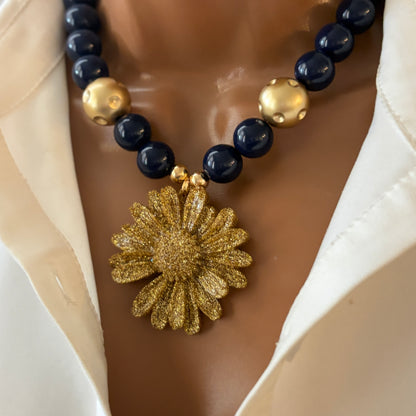 Handmade Dark Blue Beaded Statement Necklace with Flower Resin Pendant | Handmade Bold Jewelry