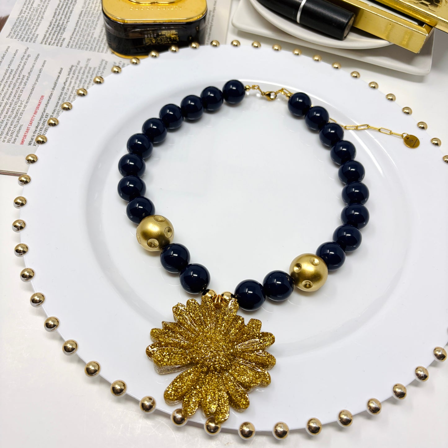 Handmade Dark Blue Beaded Statement Necklace with Flower Resin Pendant | Handmade Bold Jewelry