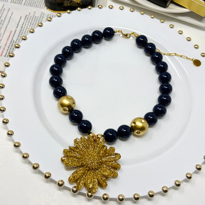 Handmade Dark Blue Beaded Statement Necklace with Flower Resin Pendant | Handmade Bold Jewelry