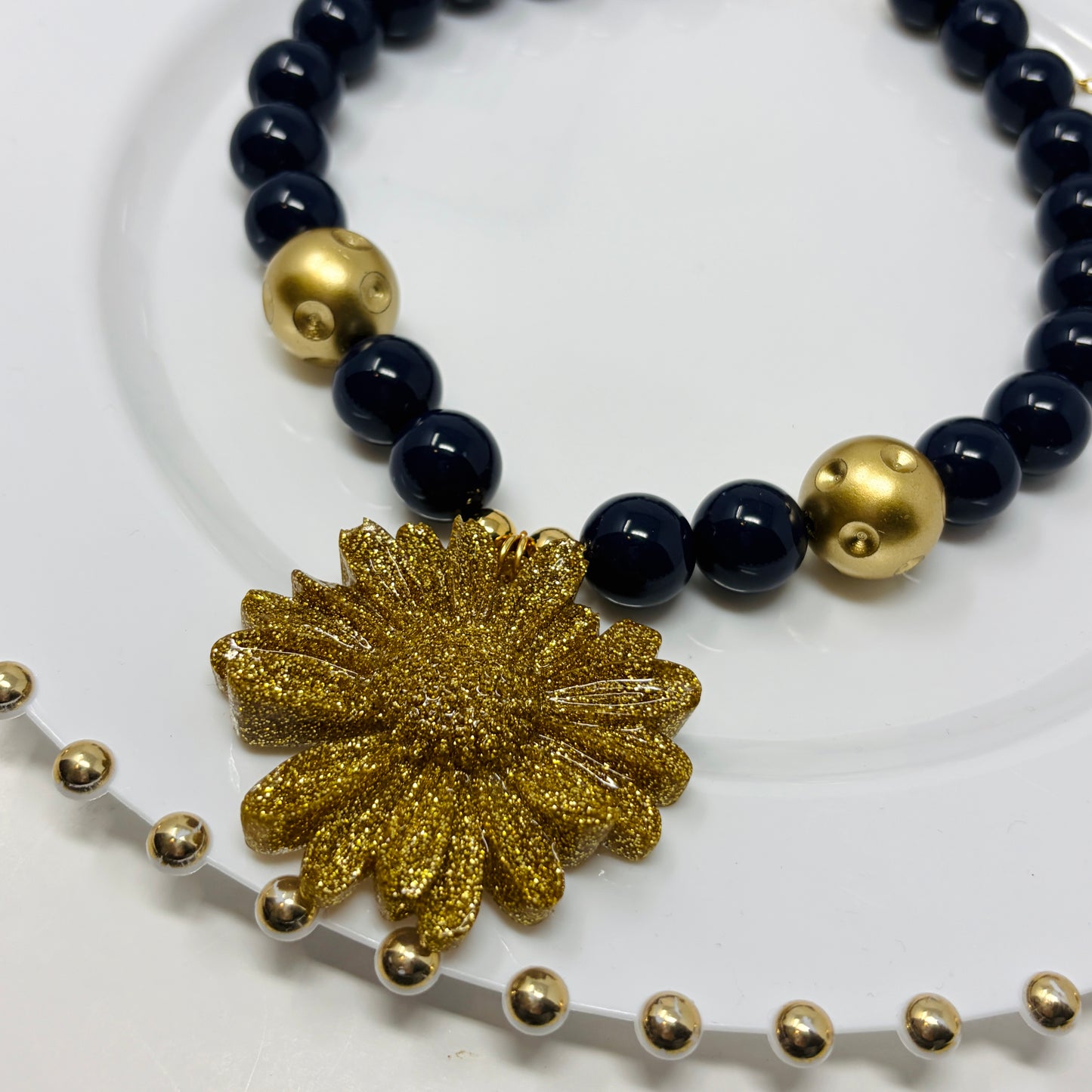 Handmade Dark Blue Beaded Statement Necklace with Flower Resin Pendant | Handmade Bold Jewelry