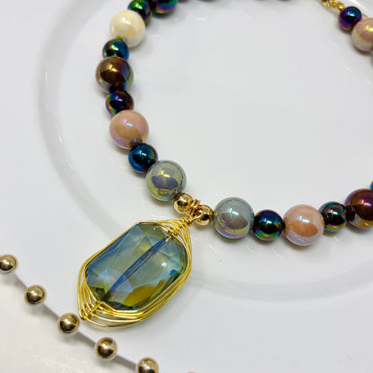 Mixed Color Beaded Statement Necklace with Crystal Pendant | Handmade Bold Jewelry