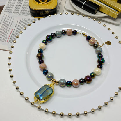 Mixed Color Beaded Statement Necklace with Crystal Pendant | Handmade Bold Jewelry