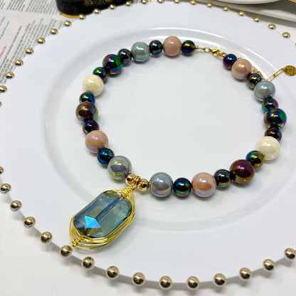 Mixed Color Beaded Statement Necklace with Crystal Pendant | Handmade Bold Jewelry