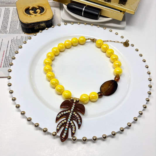 Yellow Acrylic Beaded Statement Necklace with Resin Pendant | Handmade Bold Jewelry