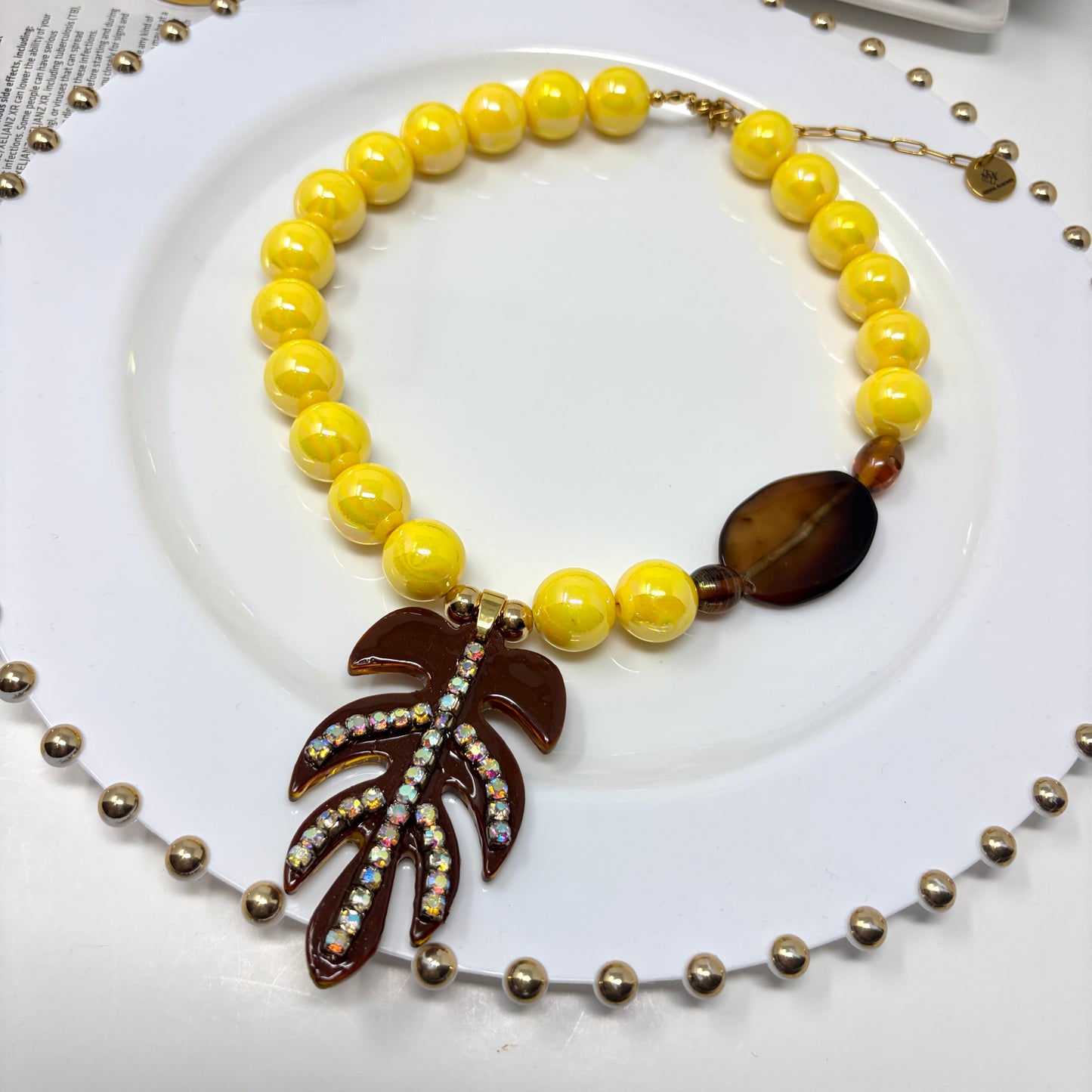 Yellow Acrylic Beaded Statement Necklace with Resin Pendant | Handmade Bold Jewelry