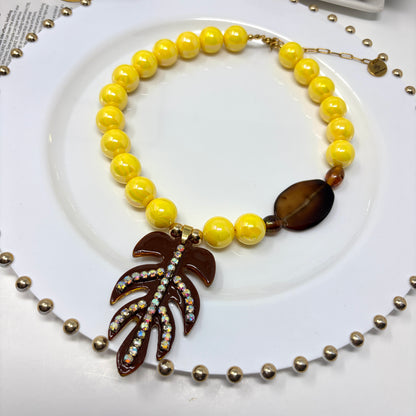 Yellow Acrylic Beaded Statement Necklace with Resin Pendant | Handmade Bold Jewelry