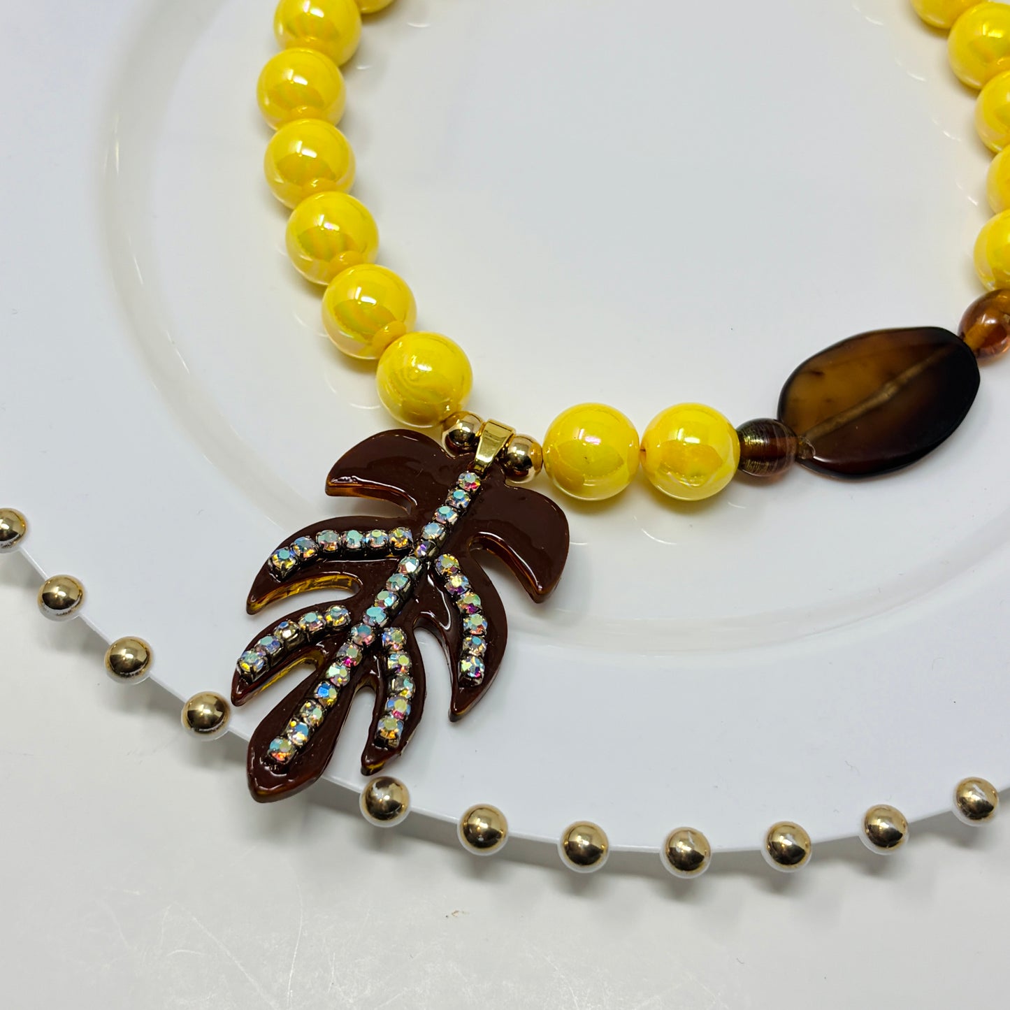 Yellow Acrylic Beaded Statement Necklace with Resin Pendant | Handmade Bold Jewelry