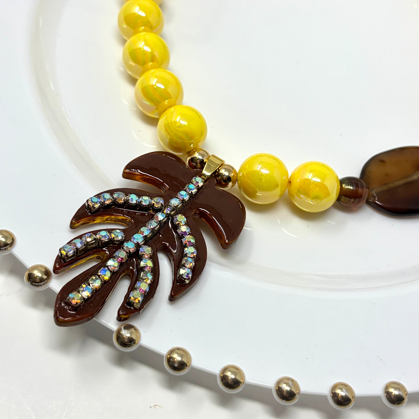 Yellow Acrylic Beaded Statement Necklace with Resin Pendant | Handmade Bold Jewelry