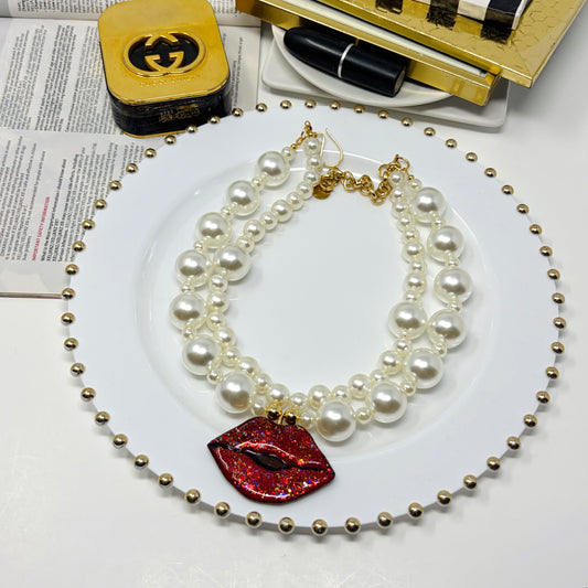 Handmade Adjustable Layered Pearl Necklace with Hand-Painted Red Lips Pendant | Statement Jewelry