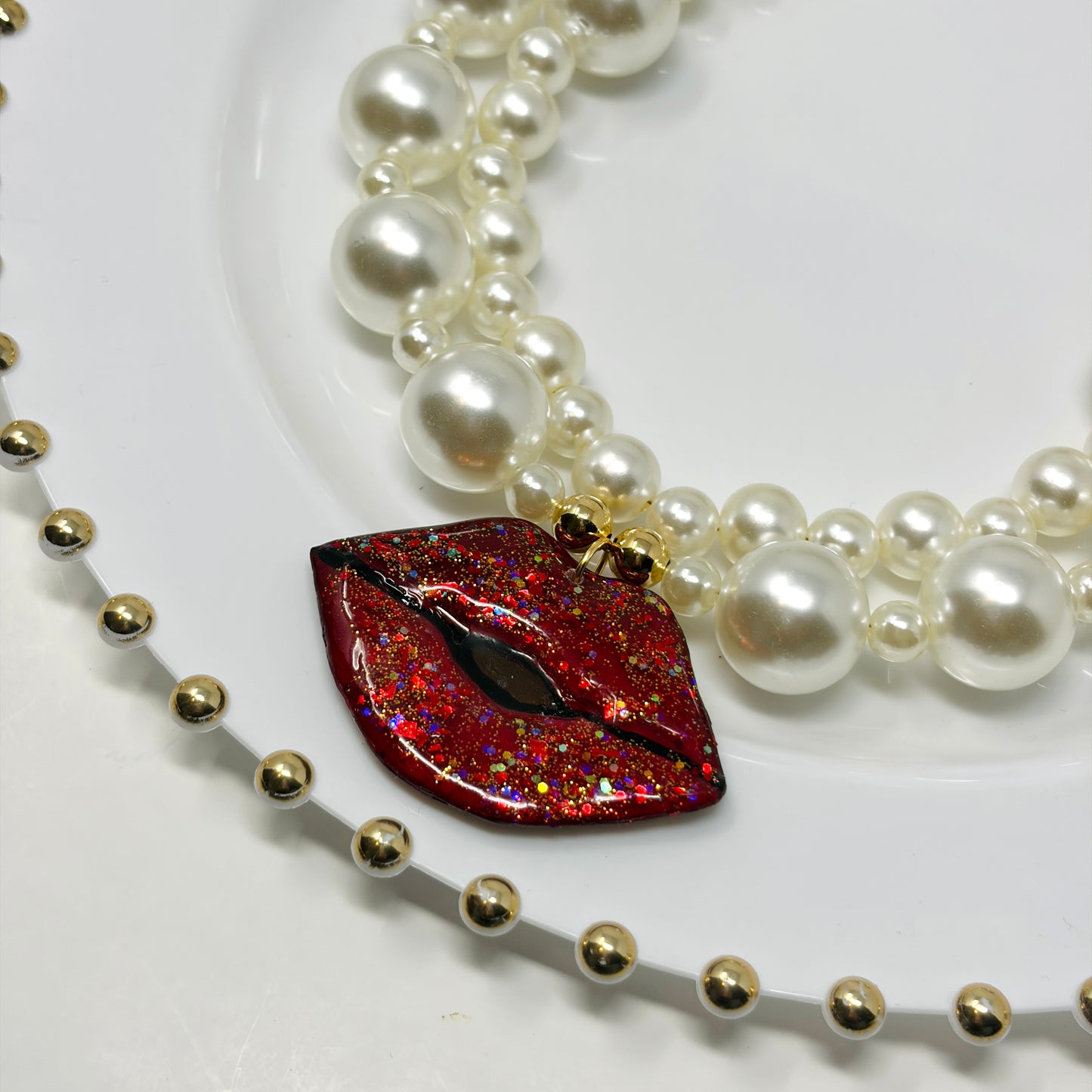 Handmade Adjustable Layered Pearl Necklace with Hand-Painted Red Lips Pendant | Statement Jewelry