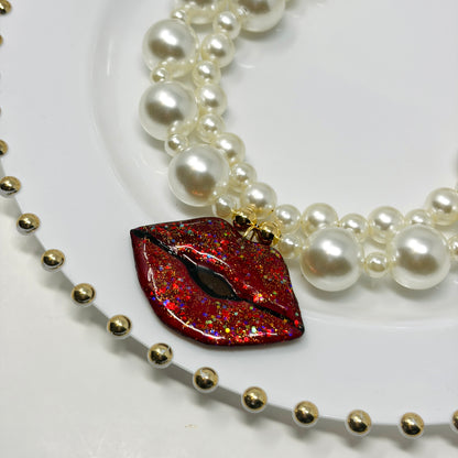 Handmade Adjustable Layered Pearl Necklace with Hand-Painted Red Lips Pendant | Statement Jewelry