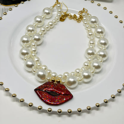 Handmade Adjustable Layered Pearl Necklace with Hand-Painted Red Lips Pendant | Statement Jewelry