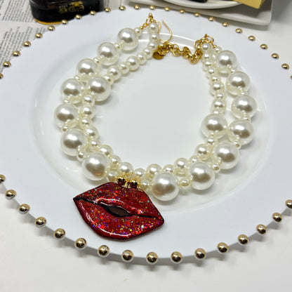 Handmade Adjustable Layered Pearl Necklace with Hand-Painted Red Lips Pendant | Statement Jewelry